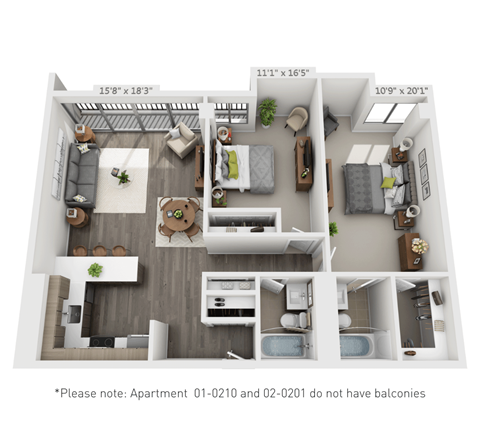 Floor plan for 2 beds, 2 baths, 1067 sqft